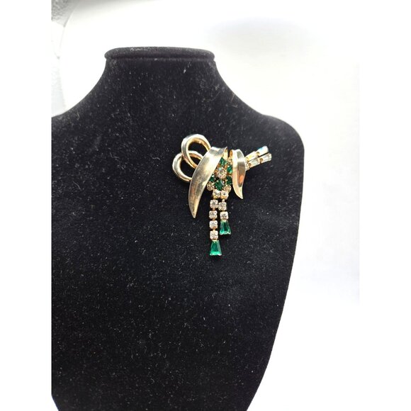 Vintage Signed Scitarelli Emerald Green Rhinestone Brooch GP Austrian Crystal - Picture 3 of 6